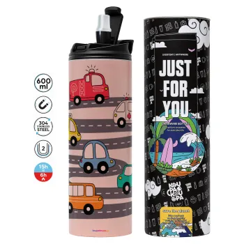 Hand drawn childish set with cars, Tumbler stainless steel PINK 600ml