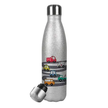 Hand drawn childish set with cars, Metallic Glitter Silver Thermos Flask (Stainless steel), double-walled, 500ml