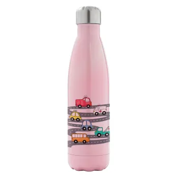 Hand drawn childish set with cars, Metal mug thermos Pink Iridiscent (Stainless steel), double wall, 500ml