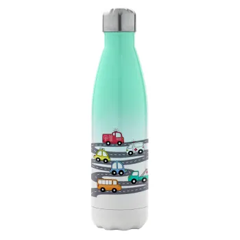 Hand drawn childish set with cars, Metal mug thermos Green/White (Stainless steel), double wall, 500ml