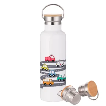 Hand drawn childish set with cars, Stainless steel White with wooden lid (bamboo), double wall, 750ml