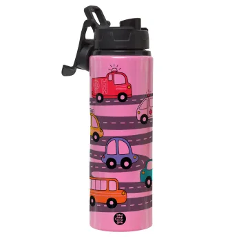 Hand drawn childish set with cars, Μεταλλικό παγούρι νερού με καπάκι ασφαλείας, αλουμινίου 850ml