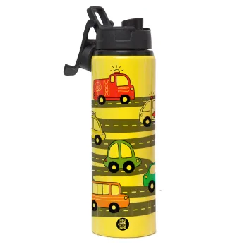Hand drawn childish set with cars, Μεταλλικό παγούρι νερού με καπάκι ασφαλείας, αλουμινίου 850ml