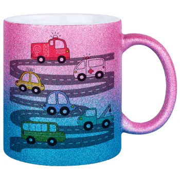 Hand drawn childish set with cars, Κούπα Χρυσή/Μπλε Glitter, κεραμική, 330ml