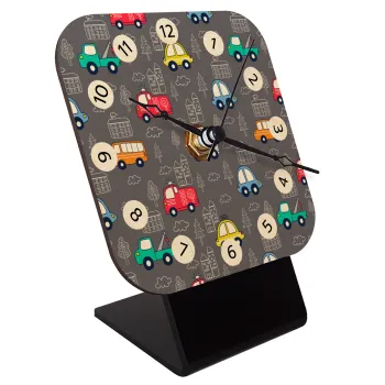 Hand drawn childish set with cars, Quartz Table clock in natural wood (10cm)