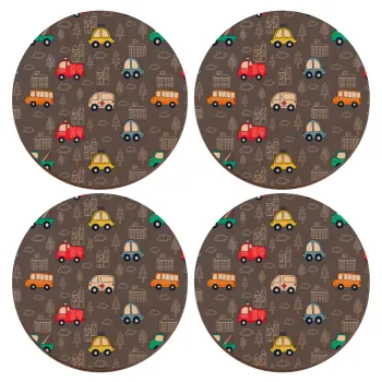 Hand drawn childish set with cars, ΣΕΤ x4 Σουβέρ ξύλινα στρογγυλά plywood (9cm)