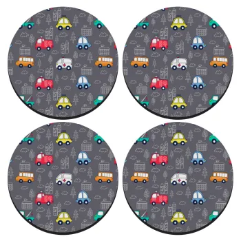 Hand drawn childish set with cars, SET of 4 round wooden coasters (9cm)