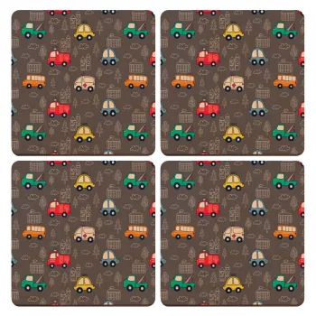 Hand drawn childish set with cars, ΣΕΤ x4 Σουβέρ ξύλινα τετράγωνα plywood (9cm)