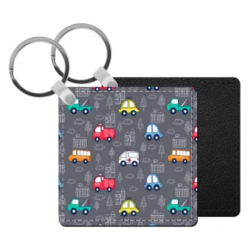 Hand drawn childish set with cars, Μπρελόκ Δερματίνη, τετράγωνο ΜΑΥΡΟ (5x5cm)