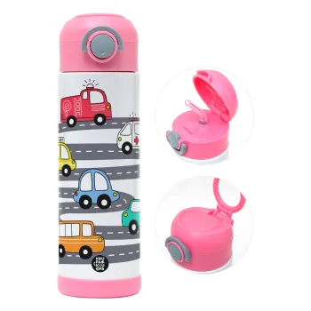 Hand drawn childish set with cars, Children's hot water bottle, stainless steel, with safety straw, PINK (500ml)