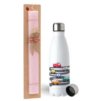 Hand drawn childish set with cars, Easter Set, metallic stainless steel water bottle (750ml) & scented flat Easter candle (30cm) (PINK)