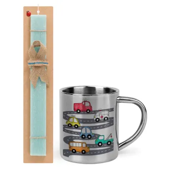 Hand drawn childish set with cars, Easter Set, metallic thermal cup (300ml) & aromatic flat Easter candle (30cm) (TURQUOISE)