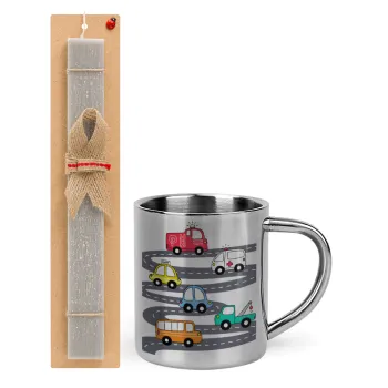 Hand drawn childish set with cars, Πασχαλινή Λαμπάδα με μεταλλική κούπα θερμό (300ml) & κερί αρωματικό πλακέ (30cm) (ΓΚΡΙ)