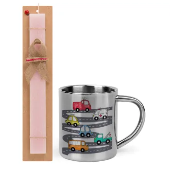 Hand drawn childish set with cars, Easter Set, metallic thermal cup (300ml) & aromatic flat Easter candle (30cm) (PINK)