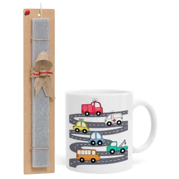 Hand drawn childish set with cars, Easter Set, Ceramic Cup (330ml) & Easter aromatic flat candle (30cm) (GRAY)