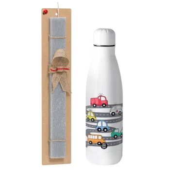 Hand drawn childish set with cars, Πασχαλινή Λαμπάδα με μεταλλικό παγούρι θερμός ανοξείδωτο (500ml) & κερί αρωματικό πλακέ (30cm) (ΓΚΡΙ)
