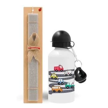 Hand drawn childish set with cars, Easter Set, metallic aluminum water bottle (500ml) & aromatic flat Easter candle (30cm) (GRAY)