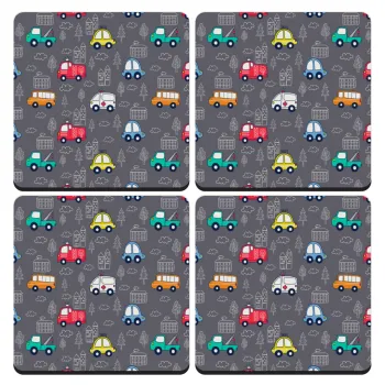 Hand drawn childish set with cars, ΣΕΤ 4 Σουβέρ ξύλινα τετράγωνα (9cm)
