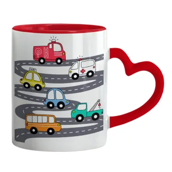 Hand drawn childish set with cars, Mug heart red handle, ceramic, 330ml