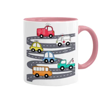 Hand drawn childish set with cars, Mug colored pink, ceramic, 330ml