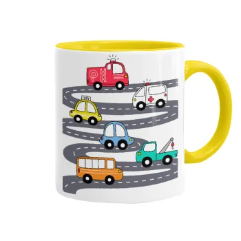 Hand drawn childish set with cars, Mug colored yellow, ceramic, 330ml