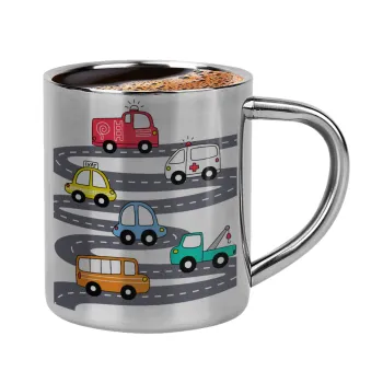 Hand drawn childish set with cars, Double-wall metal cup for espresso (220ml)