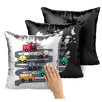 Hand drawn childish set with cars, Μαξιλάρι καναπέ Μαγικό Μαύρο με πούλιες 40x40cm περιέχεται το γέμισμα
