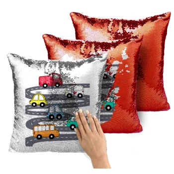Hand drawn childish set with cars, Μαξιλάρι καναπέ Μαγικό Κόκκινο με πούλιες 40x40cm περιέχεται το γέμισμα