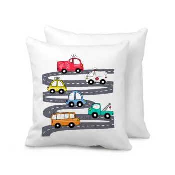 Hand drawn childish set with cars, Sofa cushion 40x40cm includes filling