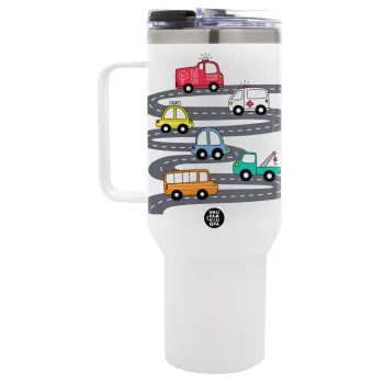Hand drawn childish set with cars, Mega Stainless steel Tumbler with lid, double wall 1,2L