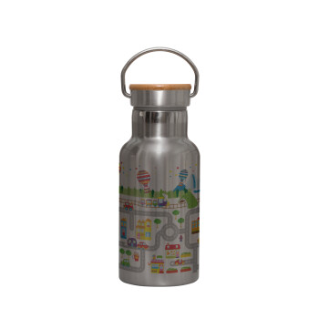 City road track maps, Stainless steel metallic thermos flask, silver with a bamboo lid, double-walled, 350ml.