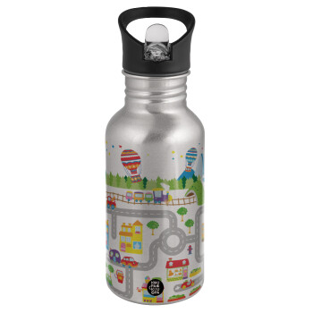 City road track maps, Water bottle Silver with straw, stainless steel 500ml