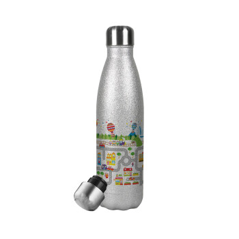 City road track maps, Metallic Glitter Silver Thermos Flask (Stainless steel), double-walled, 500ml
