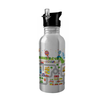 City road track maps, Water bottle Silver with straw, stainless steel 600ml