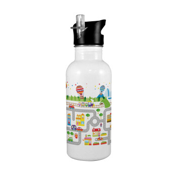 City road track maps, White water bottle with straw, stainless steel 600ml