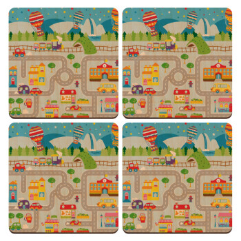 City road track maps, ΣΕΤ x4 Σουβέρ ξύλινα τετράγωνα plywood (9cm)