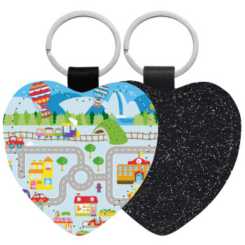 City road track maps, Μπρελόκ PU δερμάτινο glitter καρδιά ΜΑΥΡΟ