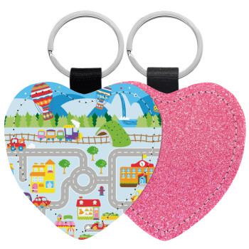 City road track maps, Μπρελόκ PU δερμάτινο glitter καρδιά ΡΟΖ