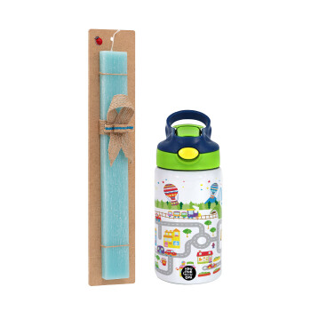 City road track maps, Easter Set, Children's thermal stainless steel bottle with safety straw, green/blue (350ml) & aromatic flat Easter candle (30cm) (TURQUOISE)