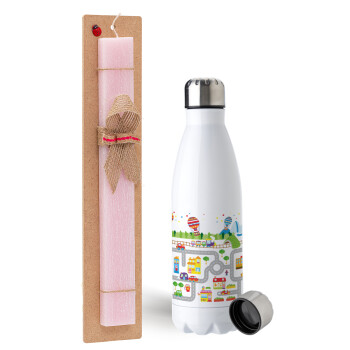 City road track maps, Easter Set, metallic stainless steel water bottle (750ml) & scented flat Easter candle (30cm) (PINK)