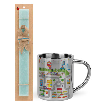 City road track maps, Easter Set, metallic thermal cup (300ml) & aromatic flat Easter candle (30cm) (TURQUOISE)