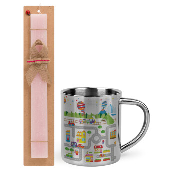 City road track maps, Easter Set, metallic thermal cup (300ml) & aromatic flat Easter candle (30cm) (PINK)