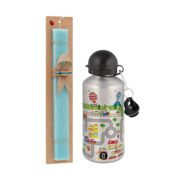 City road track maps, Easter Set, metallic silver aluminum water bottle (500ml) & scented flat Easter candle (30cm) (TURQUOISE)