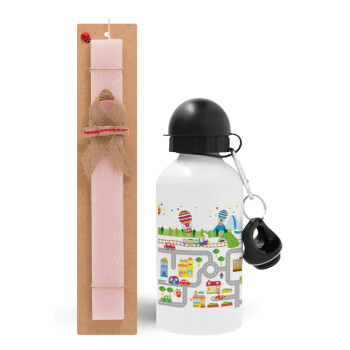 City road track maps, Easter Set, metallic aluminum bottle (500ml) & aromatic flat Easter candle (30cm) (PINK)