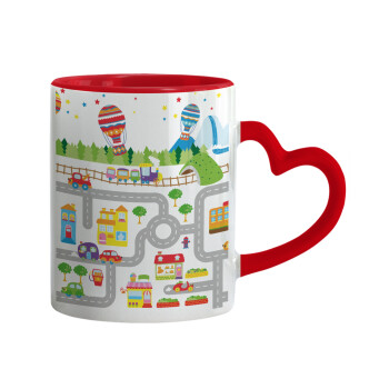 City road track maps, Mug heart red handle, ceramic, 330ml