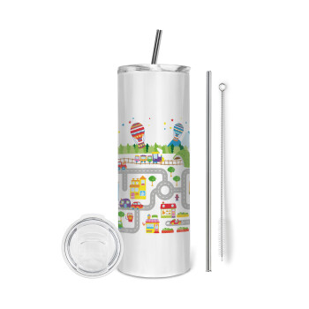 City road track maps, Eco friendly stainless steel tumbler 600ml, with metal straw & cleaning brush