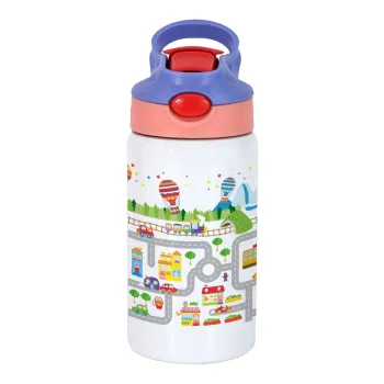 City road track maps, Children's hot water bottle, stainless steel, with safety straw, pink/purple (350ml)