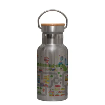 City road track maps, Stainless steel metallic thermos flask, silver with a bamboo lid, double-walled, 350ml.