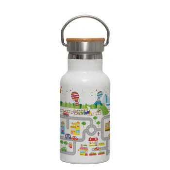 City road track maps, Metallic thermos (Stainless steel) White with wooden lid (bamboo), double-walled, 350ml