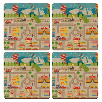 City road track maps, ΣΕΤ x4 Σουβέρ ξύλινα τετράγωνα plywood (9cm)